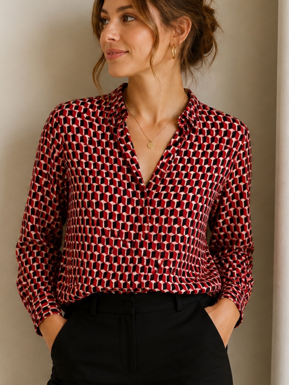 Alfani Red and Black Geometric V-Neck Long Sleeve Blouse